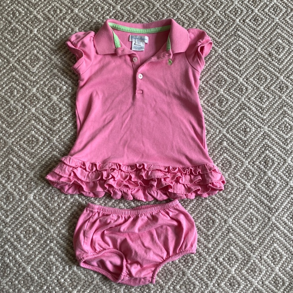 Ralph Lauren pink and green polo dress with ruffles and matching bloomers